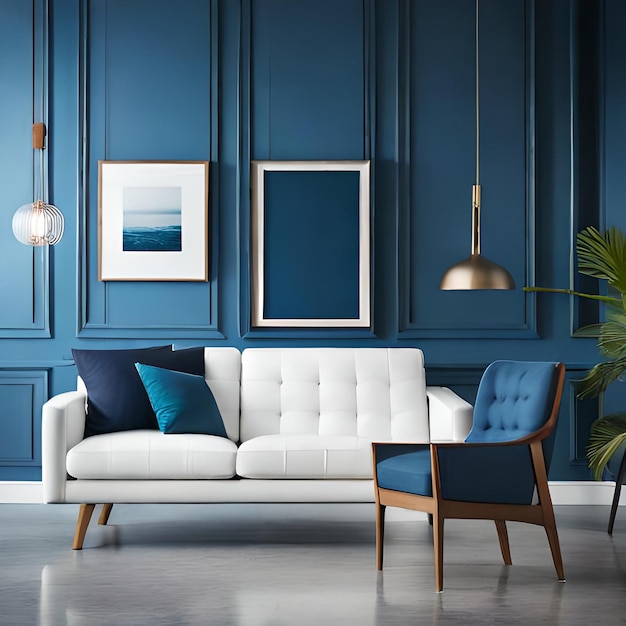 Psd mockup modern blue living room frame mockup