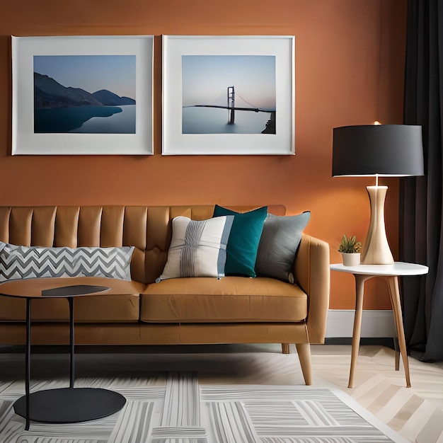 PSD psd mockup modern orange living room frame mockup