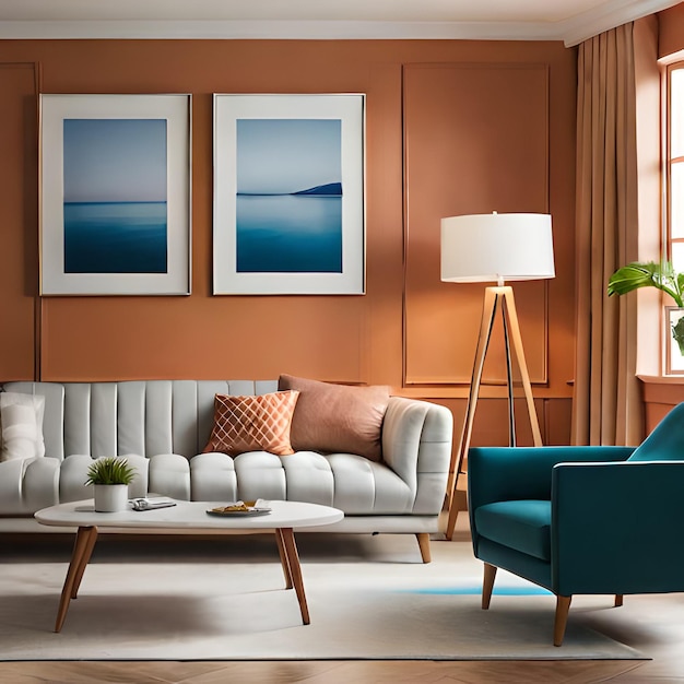 PSD psd mockup modern orange living room frame mockup