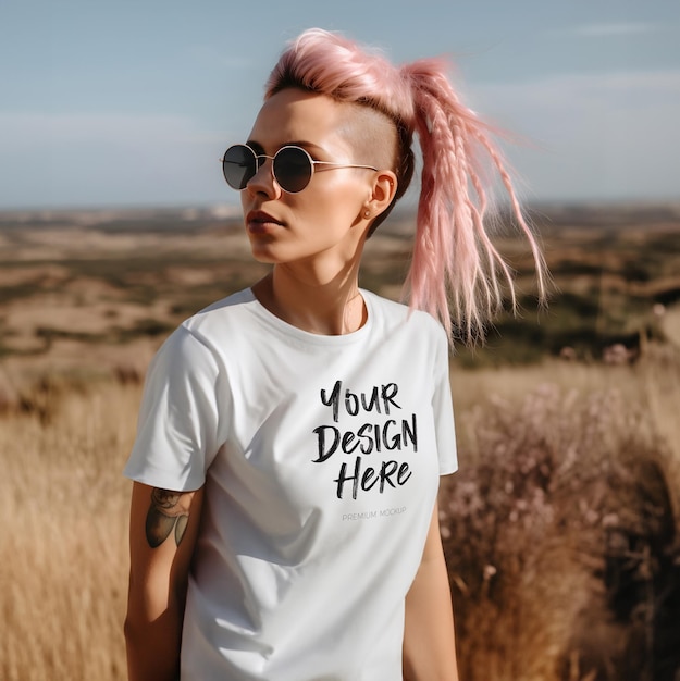 Psd mockup of a modern woman with pink hair wearing a white tshirt in an outdoor setting