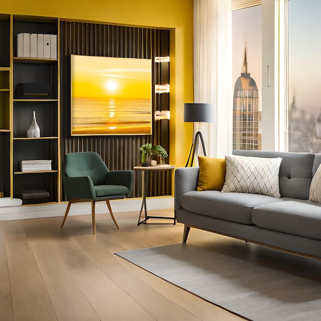 PSD psd mockup modern yellow living room frame mockup