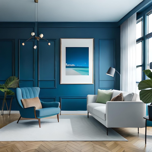 PSD psd mockup moderne blauwe woonkamer frame mockup