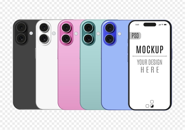 マルチカラースマートフォンのPSDモックアップサークルダブルカメラフロントスクリーンバックブラックホワイト