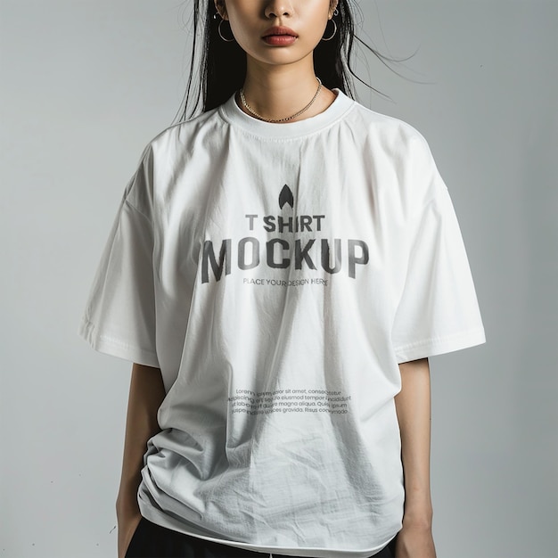 PSD psd mockup white tshirt oversize worn by women with greystudio background