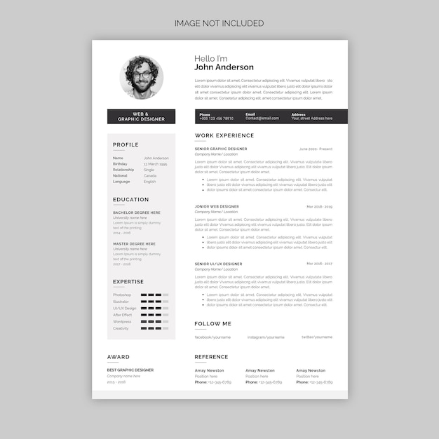 Psd modern and minimalist resume or cv template