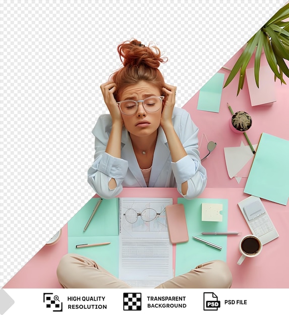 PSD moderne kantoormedewerker die lijdt aan werkgerelateerde stress omringd door kantoorbenodigdheden, waaronder een groene plant zilveren bril en een witte klok met een roze muur op de achtergrond en een png PSD