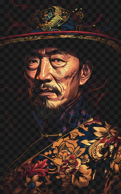 PSD psd of mongolian man portrait wearing a traditional deel coat and a tshirt design collage art ink