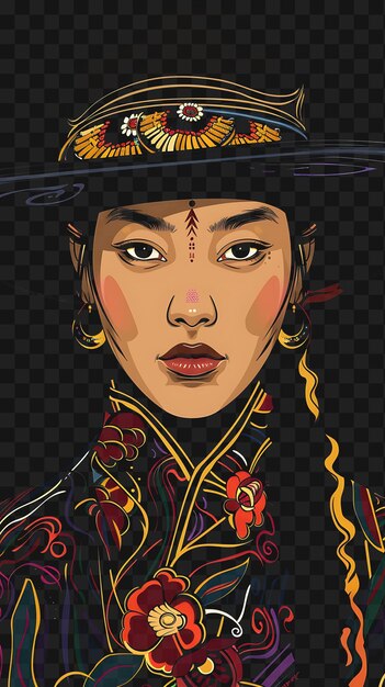 PSD psd of mongolian woman portrait wearing a traditional deel coat and tshirt design collage art ink