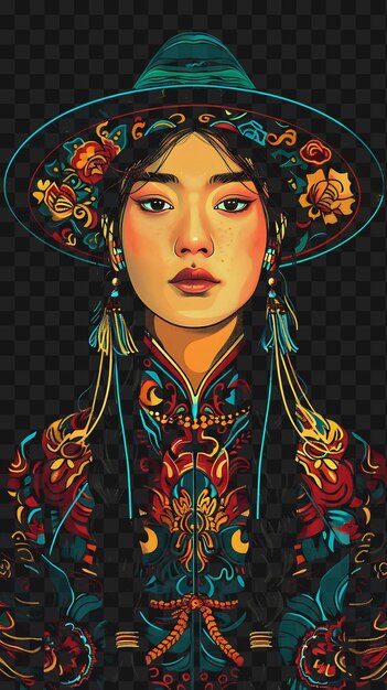 PSD psd of mongolian woman portrait wearing a traditional deel coat and tshirt design collage art ink