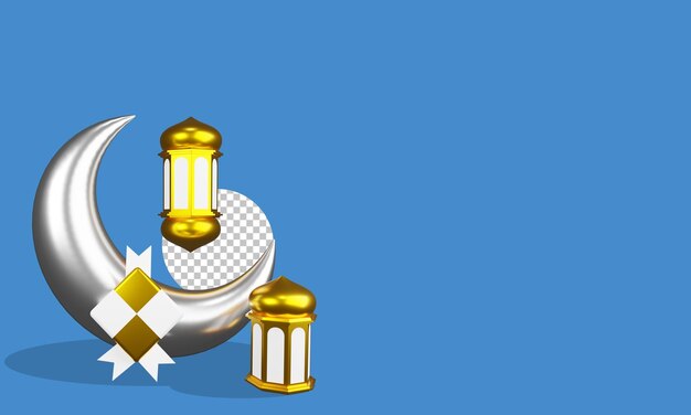 PSD moon, lamp, lantern silver gold islmic concept with 3d rendering