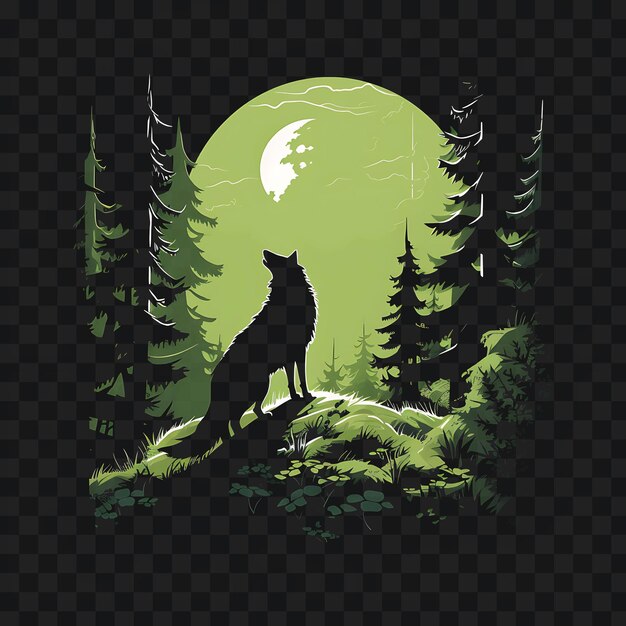 PSD psd di foresta coperta di muschio con un lupo vibrante verde e grigio modello di colore design del tatuaggio clipart