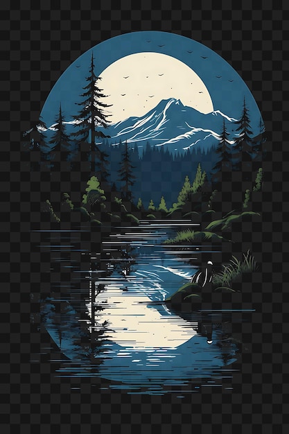 PSD psd di mountain lake con un loon pine trees cool blues e verdi i template clipart tattoo design