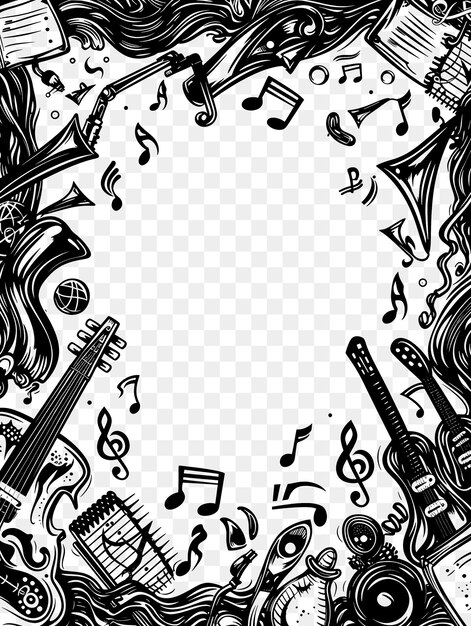 Psd of musical frame art with musical notes and instruments decorat cnc frame tattoo art concept