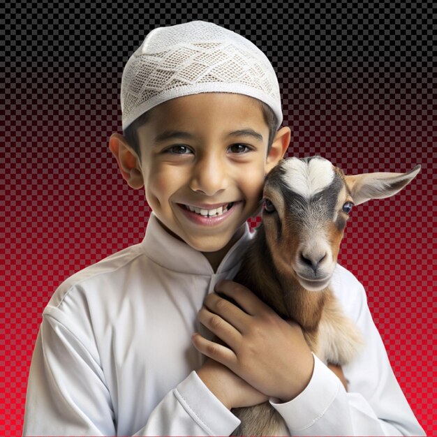 PSD psd a muslim boy holding goat on transparent background