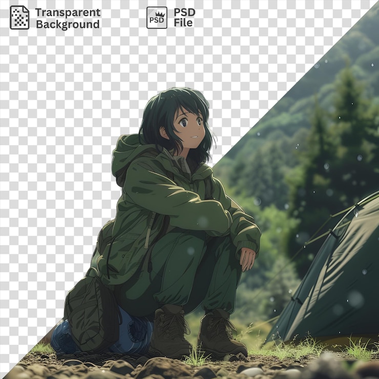 PSD 來自放鬆的營地的nadeshiko kabihara站在綠色樹前,穿著綠色外套和棕色靴子,她的黑色頭髮可見