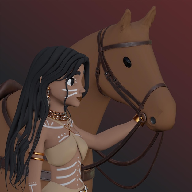 Psd ragazza nativa americana in piedi vicino all'illustrazione del cavallo 3d