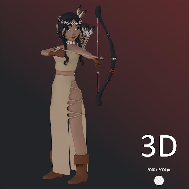 Psd native american girl with bow and arrows 3d rendered illustration