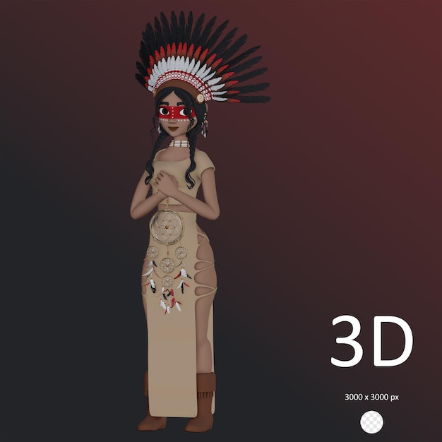 Psd native american girl with dreamcatcher and chief headdress 3d rendered illustration