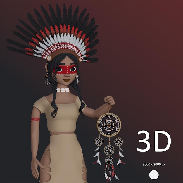 美國原住民女孩與夢想捕捉者 (Dreamcatcher) 和首席頭飾 (Chief Headdress) 在3D渲染插圖中