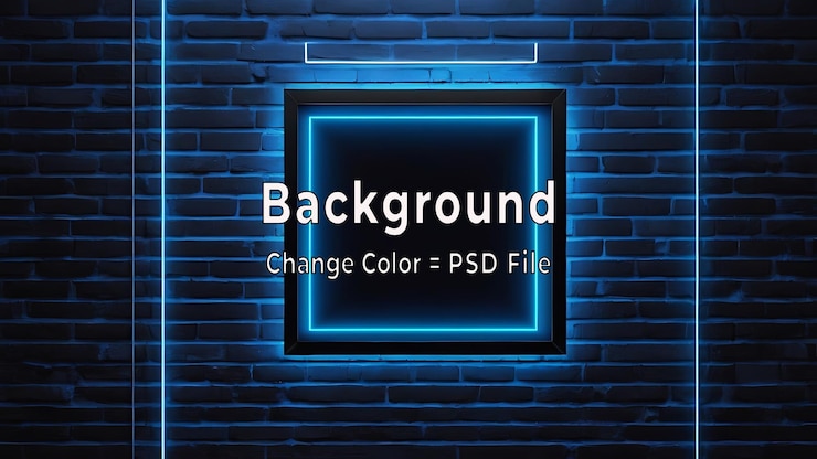 PSD psd neon blue abstract light frame на темной кирпичной стене с текстурой копирование пространства и узора