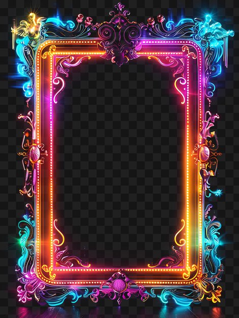 PSD psd of neon circus arcane frame with circus performers and colorful outline neon collage style art