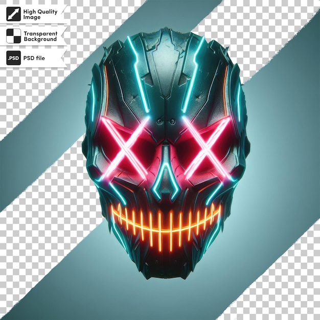 PSD neon doomsday mask with x shaped eyes on transparent background with editable mask layer