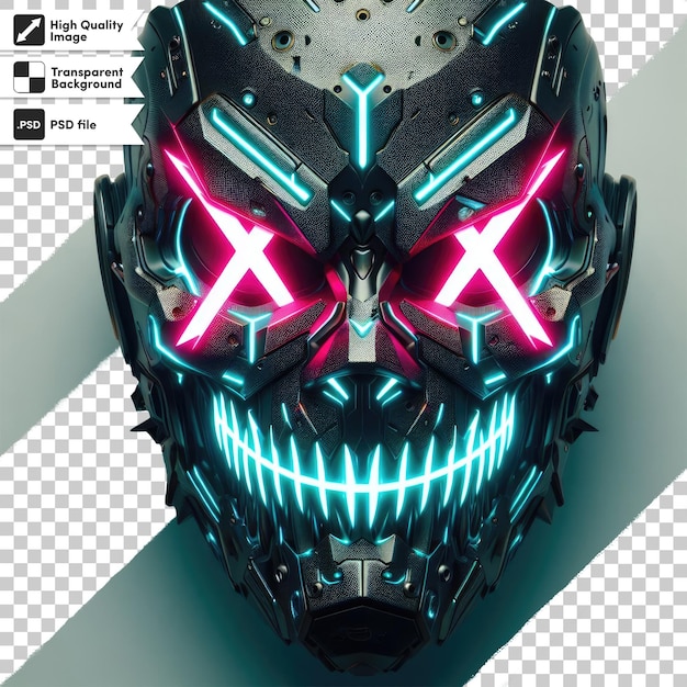 psd neon doomsday mask with x shaped eyes on transparent background with editable mask layer