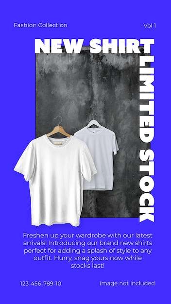 Psd nuova camicia in stock limitato su sfondo di colore blu modello di storie instagram