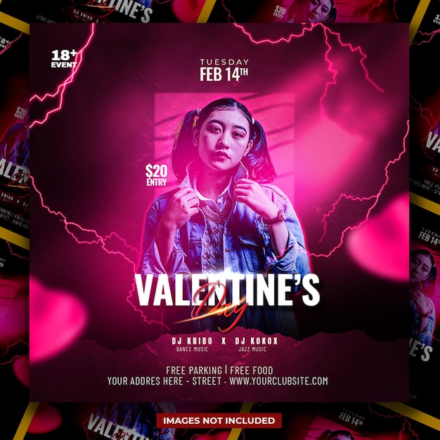 Шаблон флаера PSD Night Party Valentine Event пост в социальных сетях с розовым и красным цветом