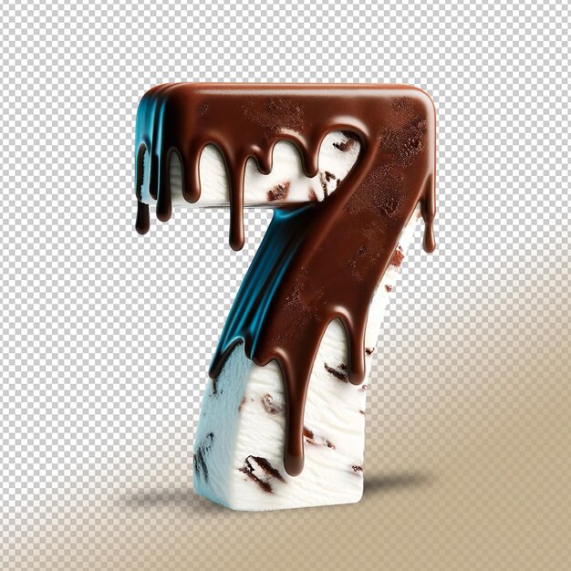 PSD number seven made of chocolate coated ice cream on a transparent background