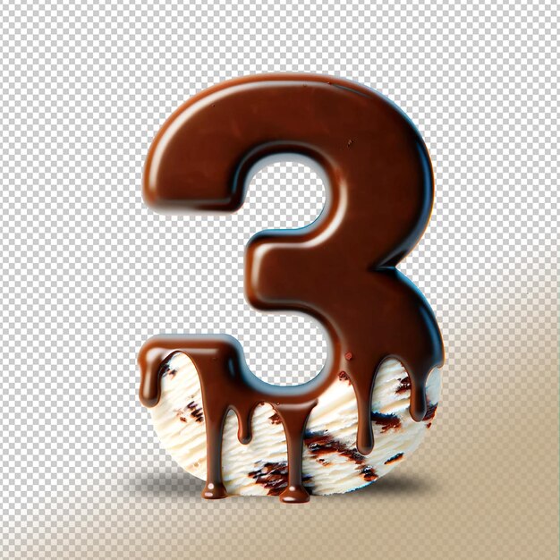 PSD number three made of chocolate coated ice cream on a transparent background