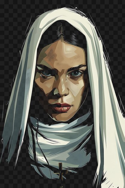 PSD psd of nun woman portrait in a white veil and habit holding a cruci tshirt design collage art ink