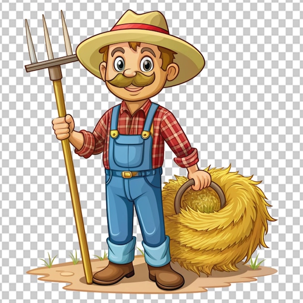 PSD psd с мультфильмом фермера, собирающего сено с вилкой на прозрачном фоне