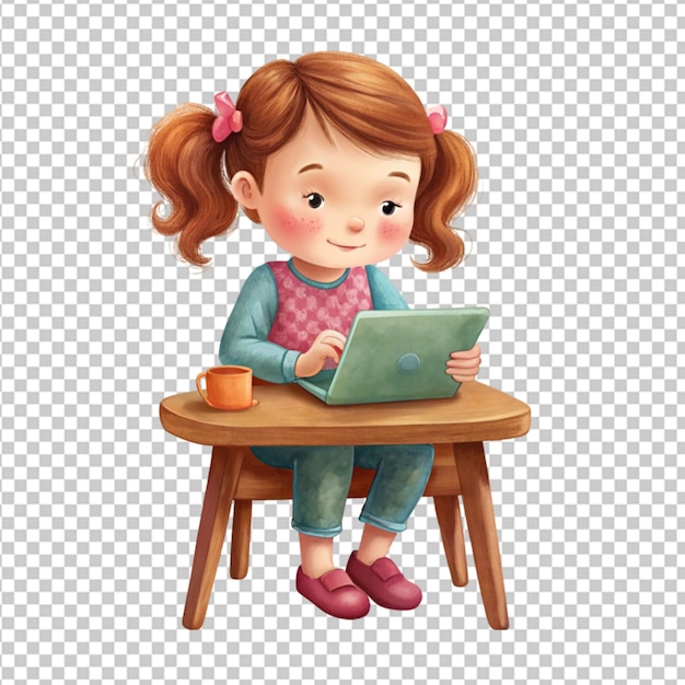PSD psd маленькой девочки с планшетом за столом на прозрачном фоне