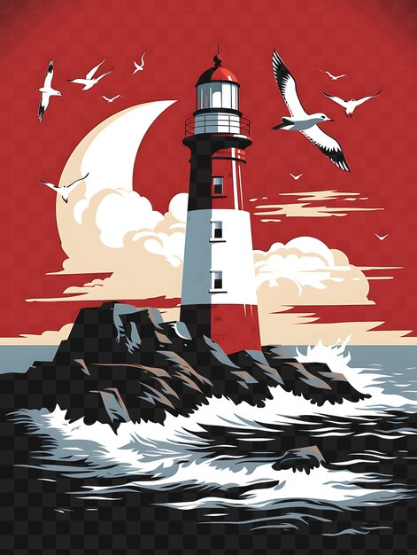 PSD psd of coastal lighthouse with seagulls crashing waves bright red a template clipart tattoo design