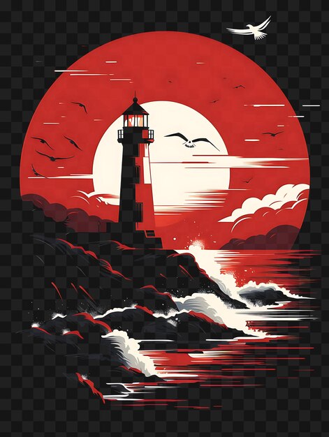 海岸灯台のpsd シーガールが波を打つ 鮮やかな赤色のテンプレート クリパートタトゥーデザイン