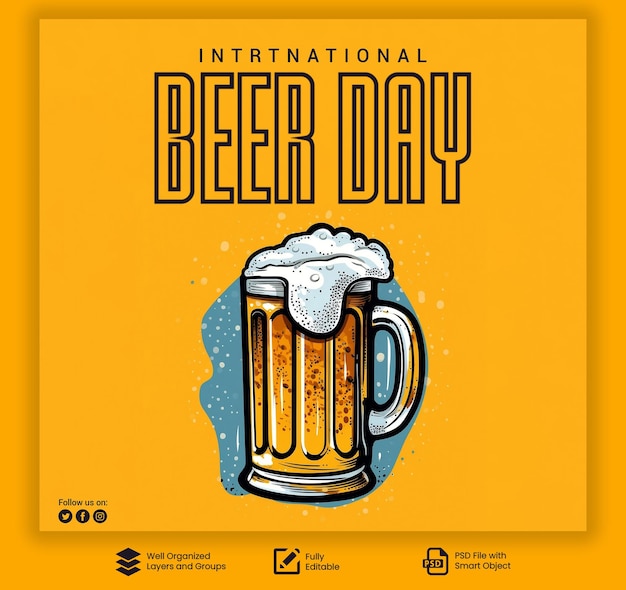 PSD ビールジョッキと黄色の背景を持つソーシャルメディアポスターテンプレートの国際ビールデーのpsd