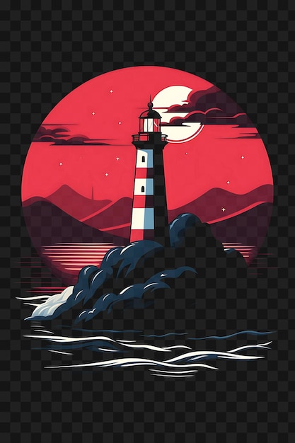 Psd Of Lighthouse On A Cliff Overlooking The Sea Vibrant Red And Wh Template Clipart Tattoo Design (ścieżka Latarni Morskiej Na Klifie Z Widokiem Na Morze)