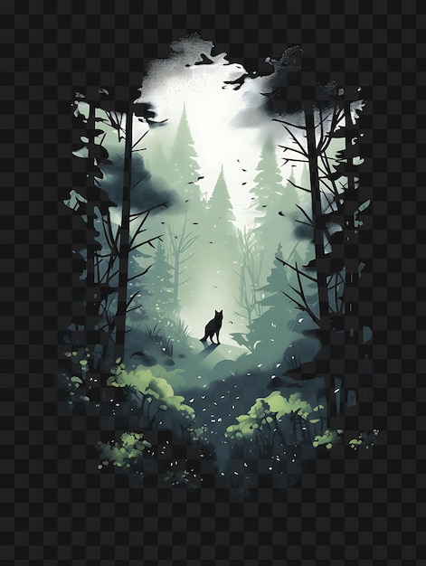 PSD psd of misty forest с fox cool greens and grays dark navy back template клипарт татуировка дизайна