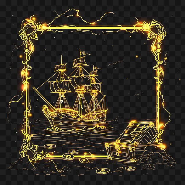 PSD psd of pirates treasure arcane ramy z okrętami piratów i treasure outline neon collage style art