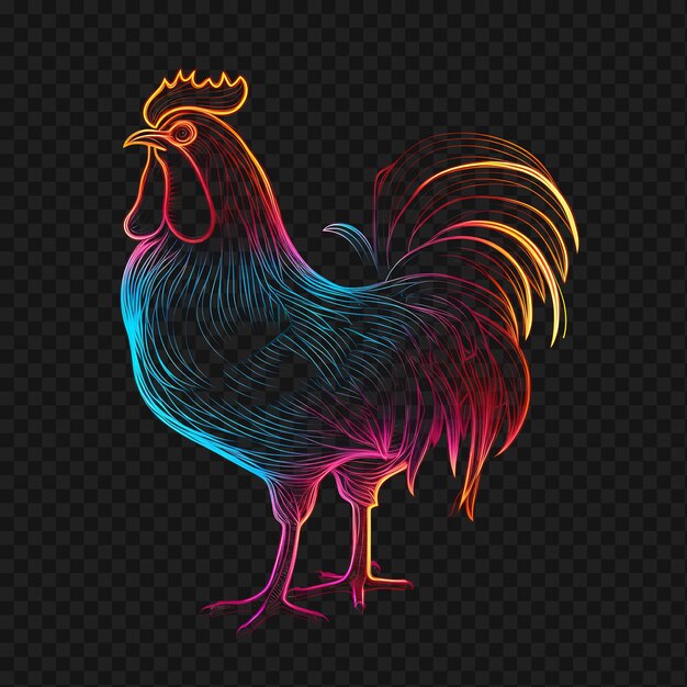 Psd Of Rooster Morning Sunrise Curved Neon Lines Farmhouse Comb On Transparent Clean Glow Effects