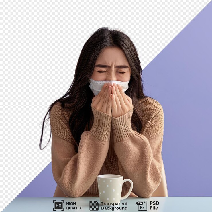 psd office worker sitting at the table and sneezing with a white cup and handle in front of her wearing a brown sweater and with long brown hair against a purple wall