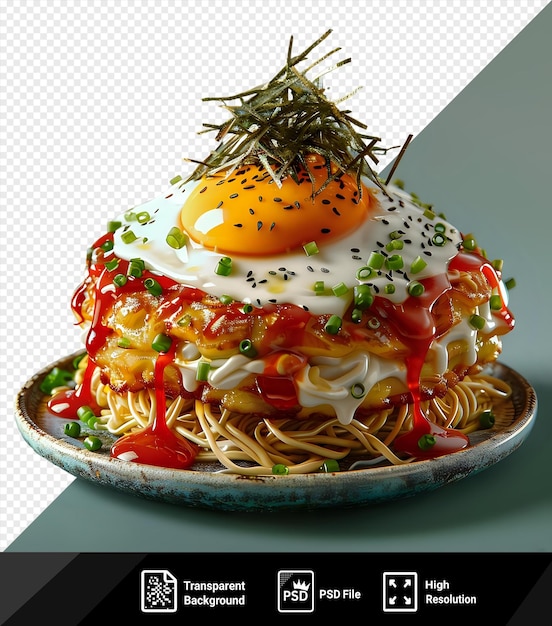 PSD psd okonomiyaki noodles topped with an egg and served in a blue bowl accompanied by a green pea and a dark shadow