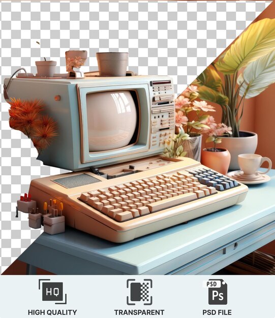 PSD psd an old computer sits on a blue table surrounded by a variety of plants and flowers including a white pot a white and pink flower a potted green plant