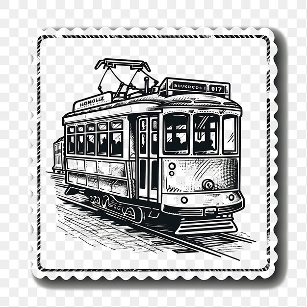 PSD psd old fashioned tram met grijze en witte monochrome kleur stam tatoeage clipart inkt t-shirt ontwerp