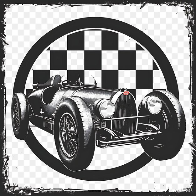 PSD psd old school racer car bugatti type 35 met houtskool grijze mono tattoo clipart inkt t-shirt design