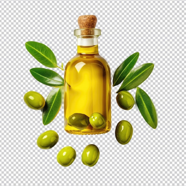 psd olive oil in glass bottle and green olives isolated on transparent background hd png