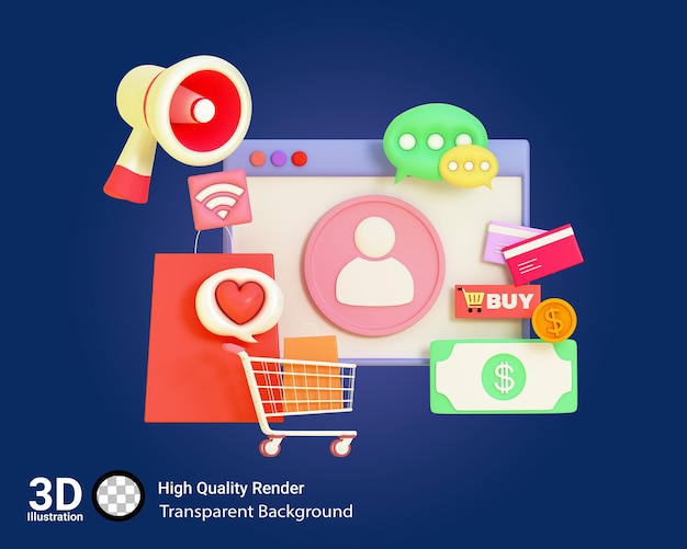 PSD Online shopping store concept on mobile phone with 3d shopping cart shopping bag and like icon