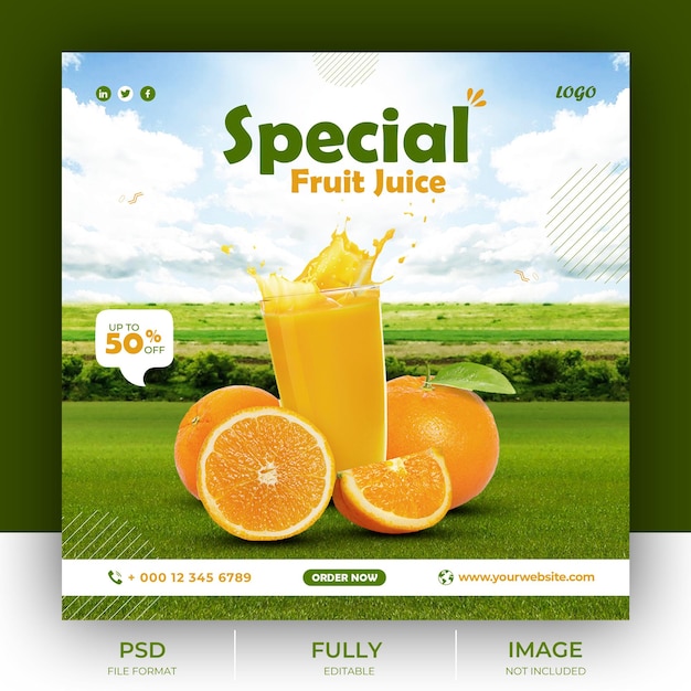 PSD psd orange juice drink menu promotion instagram post banner template with blur nature background