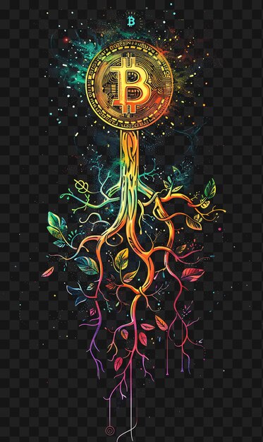 Psd organic 2d poster with bitcoin and plant tendrils with water collage crypto poster banner art